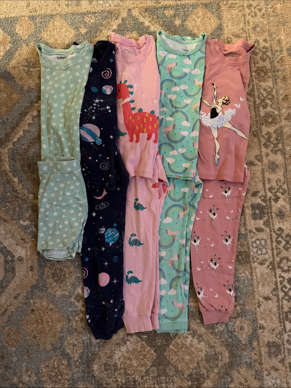 5x Girls' Mixed Print Pajama Set - Pink, Mint, Navy